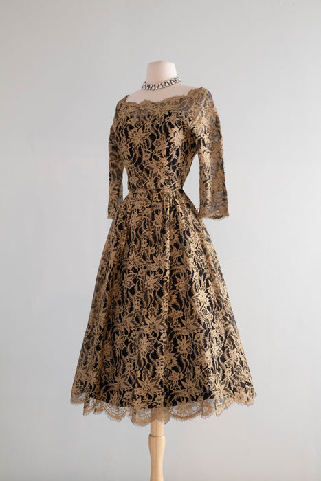 Rare 1950's Jacques Heim Cocktail Dress In Black Net and Gold Thread Lace / M