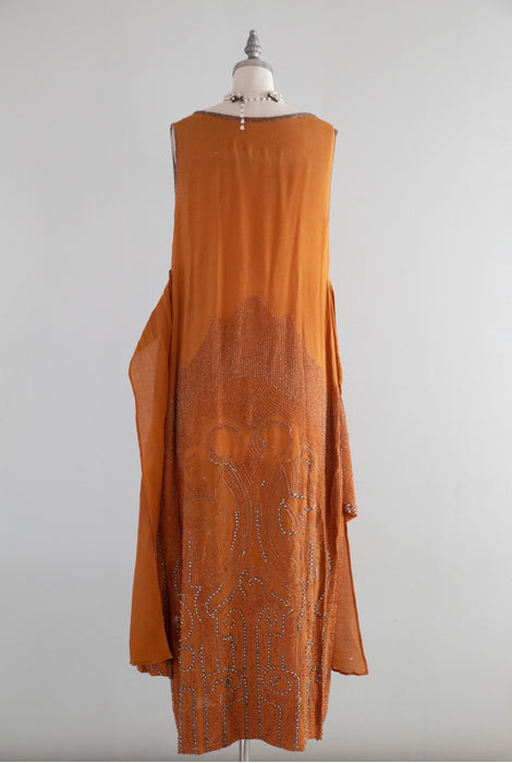 Rare 1920's Beaded French Flapper Dress in Saffron Silk By Bab / SM