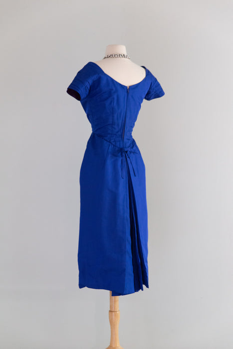 Stunning 1950's Cobalt Blue Sculpted Silk Cocktail Dress with Fan Back / S