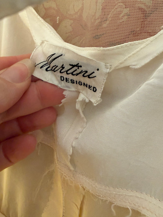 Gorgeous 1940's Martini Designed Ivory Chiffon Evening Gown With Nude Illusion Bodice / SM