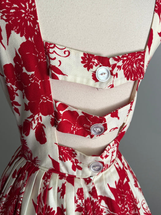 Classic Early 1960's Cherry Red Floral Print Cotton Pique Summer Dress Xtabay Vintage Classic Early 1960's Cherry Red Floral Print Cotton Pique Summer Dress Xtabay Vintage