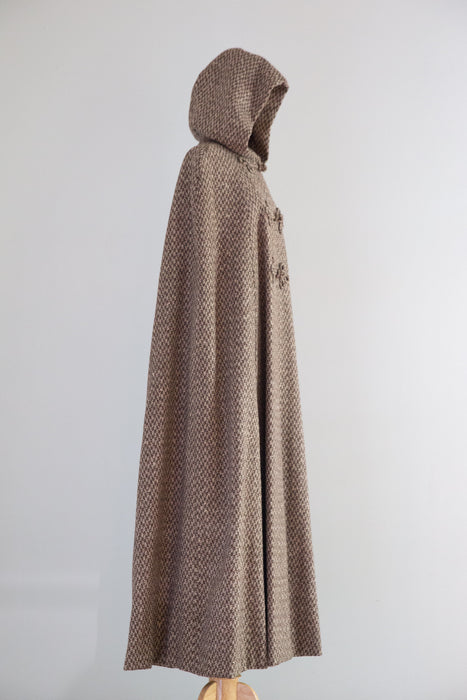 Dramatic 1970’s Wool Herringbone Full Length Hooded Cape / OSFM