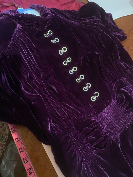 1930's Royal Purple Silk Velvet Evening Dress With Pave Rhinestones / ML