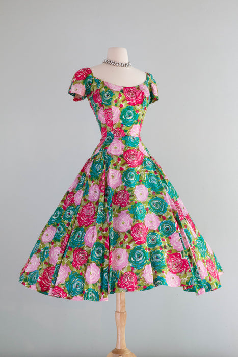 Luscious 1950’s Perullo Silk Rose Print Party Dress /SM