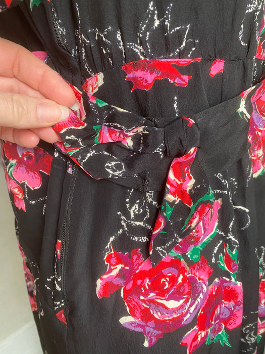 My Favorite 1930's Silk Rose Print Full Length Evening Dress With Sash / M
