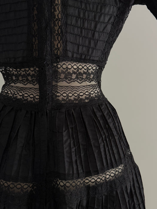Gorgeous Vintage Mexican Cotton Pintuck Black Dress / M