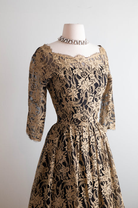 Rare 1950's Jacques Heim Cocktail Dress In Black Net and Gold Thread Lace / M