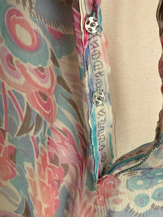 Diaphanous Late 1920's Moon Garden Print Silk Chiffon Sheer Dress / Sm