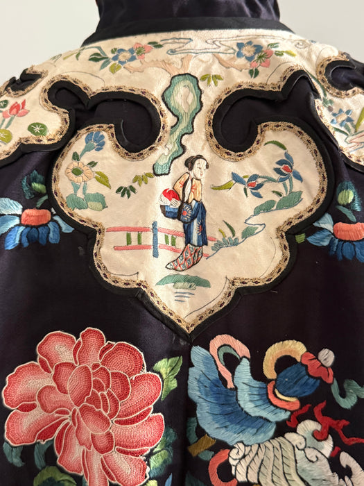 Exquisite Antique Chinese Silk Robe With Peonies Circa 1920 / OS
