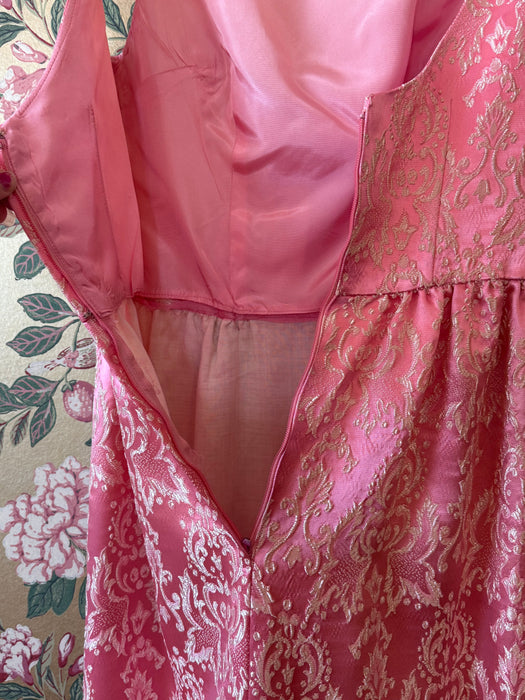 Iconic Early 1960's Pink & Ivory Brocade Evening Dress With Bow / SM