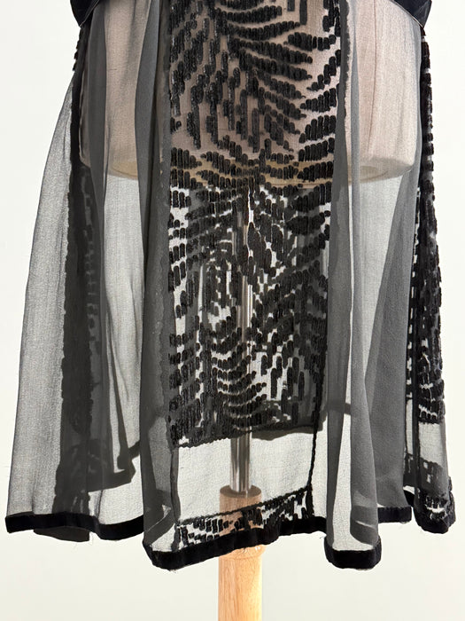 Stunning 1920s Black Silk Chiffon & Devoré Velvet Flapper Dress / S