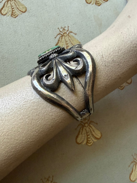 Iconic R.S. Mitchell Navajo Sterling Statement Cuff With Green Turquoise Stone