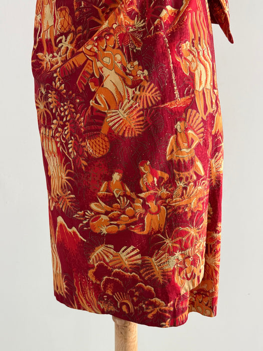 Glamorous 1950’s Alfred Shaheen "Luau" Hawaiian Print Sarong Dress / M