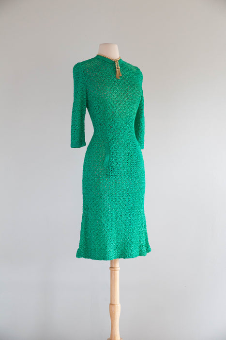 Beautiful 1960's I.Magnin Jade Green Crochet Dress With Pockets / M