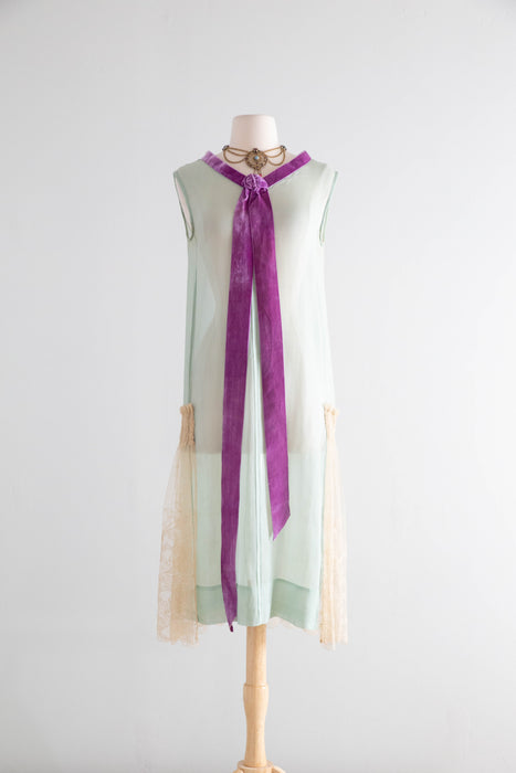 Ethereal 1920’s Aquamarine & Violet Sheer Silk Chiffon Flapper Dress With Embroidered Net