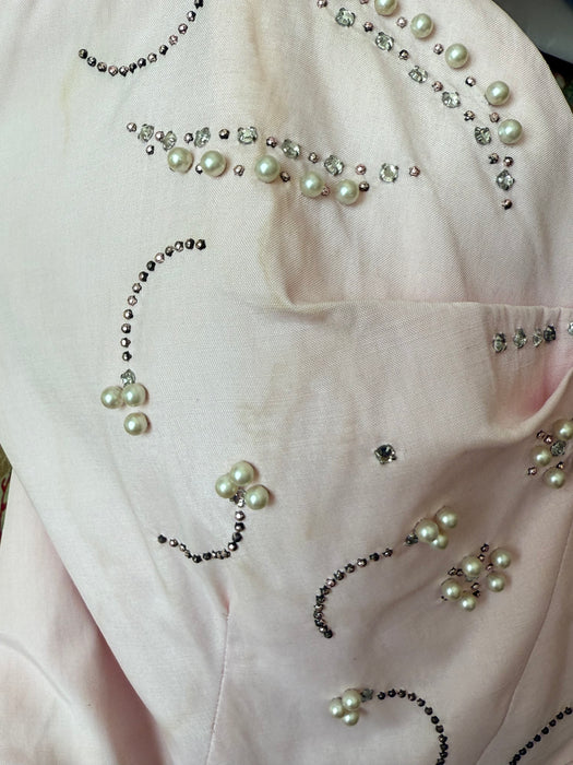 Beautiful 1950's Pale Pink Cotton Embellished Summer Dress By Carl Naftal / S