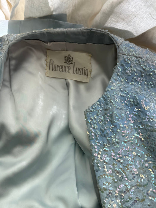 Exquisite Early 1960's Ice Blue Silk & Sequin Evening Dress and Matching Coat By Florence Lustig / medium