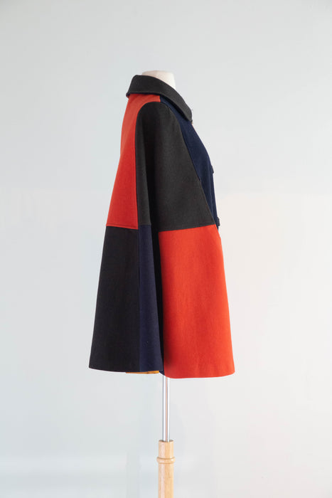 Fabulous 1960’s Autumnal Wool Color Block Cape / OS