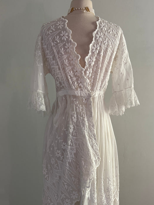 Ethereal Edwardian Embroidered Cotton Wedding Dress Three Piece Set / XS