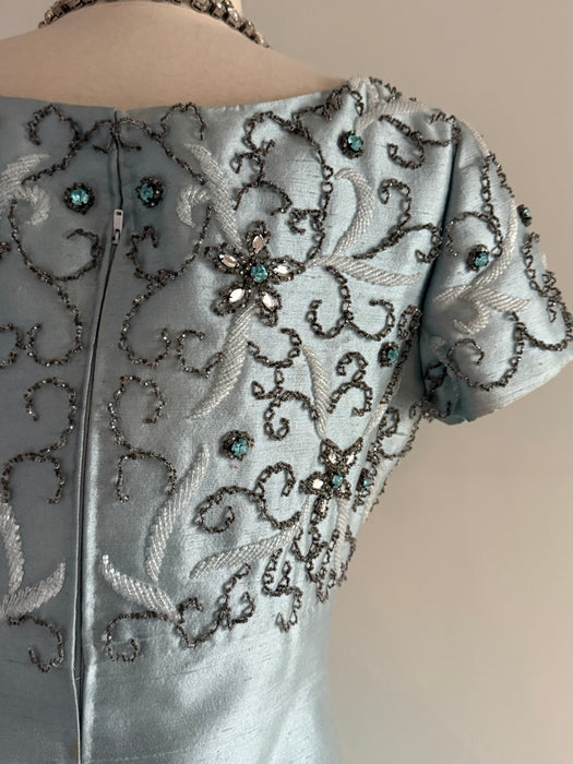 Stunning 1960's Mirror Blue Shantung Silk Beaded Evening Gown / M