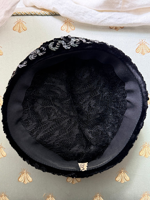 Sophisticated Swirling 1950's Velvet Sequined Cocktail Hat