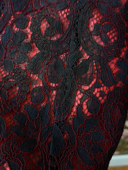 Fabulous Early 1960's Lace Party Dress In Black & Fire Engine Red / Small