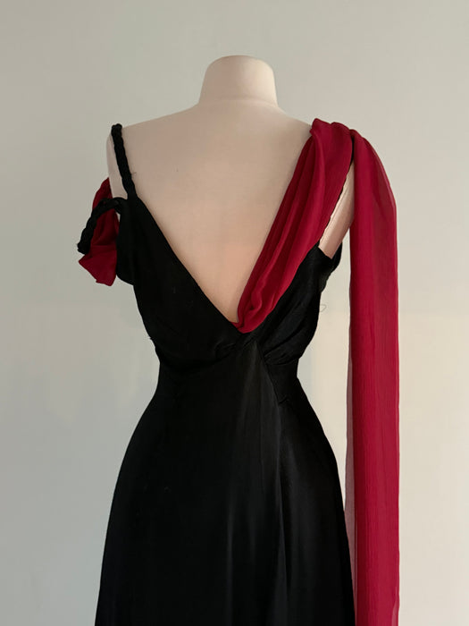 Rare 1930's Femme Fatale Liquid Black Satin Crepe Evening Gown With Crimson Sash / S