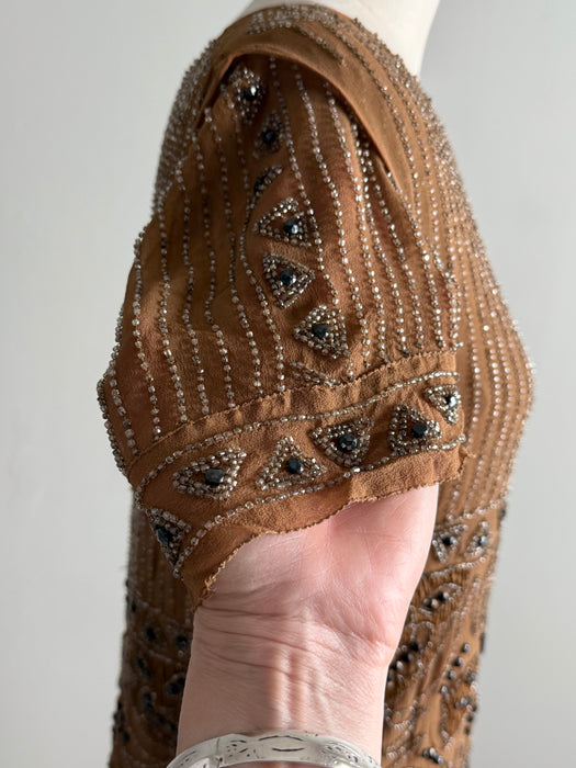 Rare Autumnal 1920's Beaded Silk Flapper Dress / SM