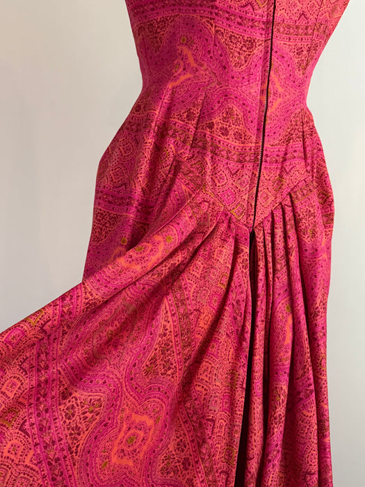Glamourous 1950s Suzy Perette Magenta & Orange Silk Cocktail Dress /SM