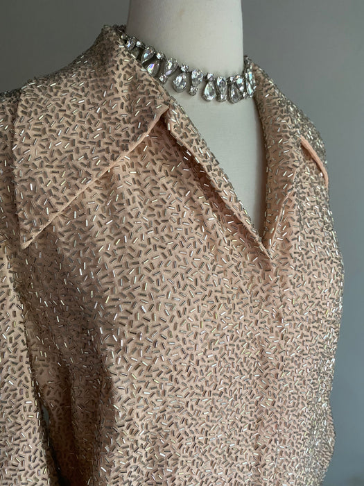 Fabulous 1960's Fully Beaded Shirt Style Cocktail Dress / Medium