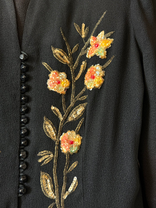 Stunning 1940's Schiaparelli Inspired Black Rayon Crepe Suit with Floral Embroidered Jacket / ML