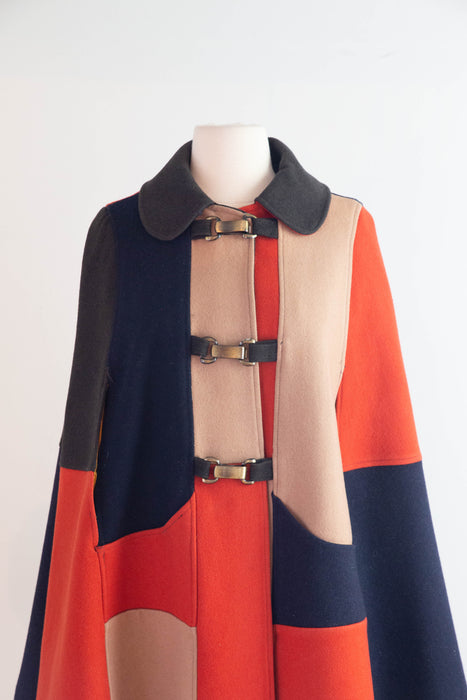 Fabulous 1960’s Autumnal Wool Color Block Cape / OS