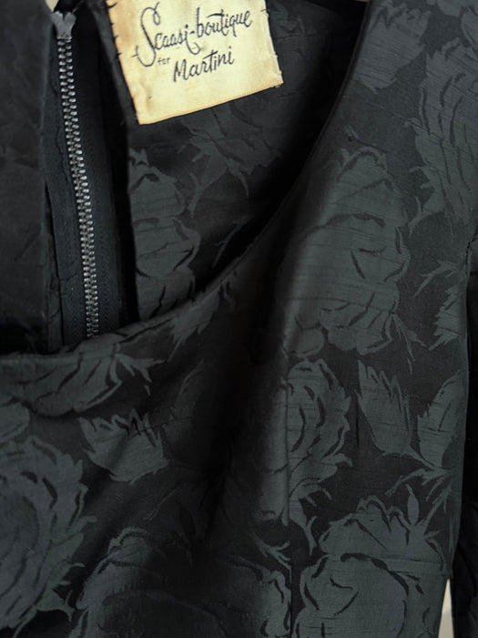 Stunning Late 1950’s Arnold Scaasi for Martini Black Silk Jacquard Cocktail Dress