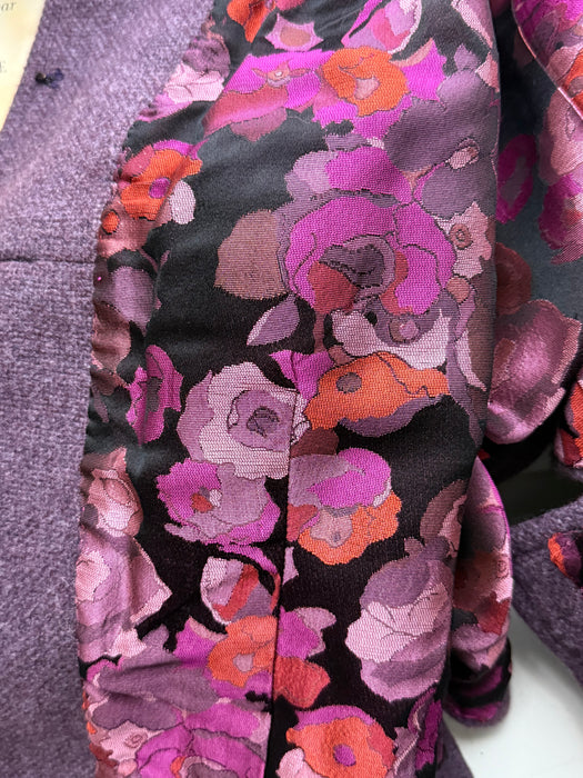 Fabulous 1960's Purple Wool Tweed Dress and Jacket Set With Floral Brocade Lining / M