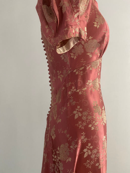 Gleaming 1930's Autumn Rose Silk Brocade Evening Gown / Small