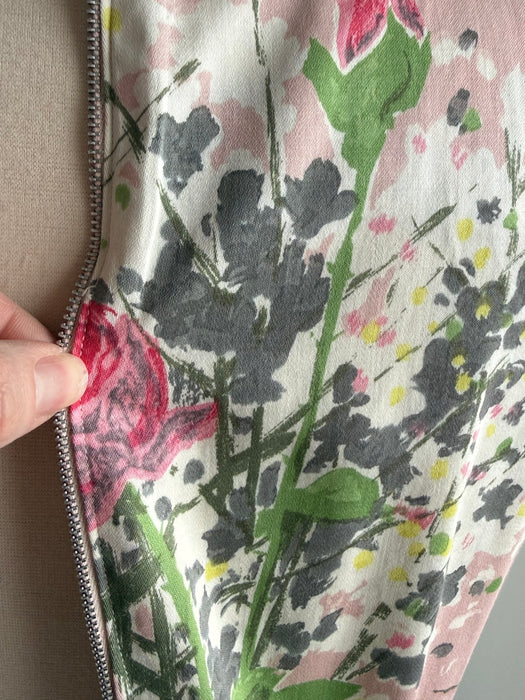 Painterly Floral Garden Party Dress in Polished Cotton From the Early 1960’s / M