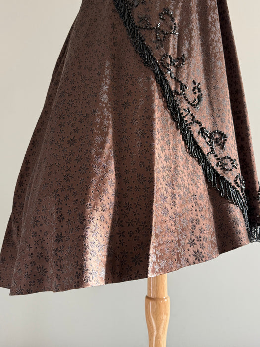 Elegant Early 1950's Adele Simpson Chocolate Brocade Beaded Evening Dress / SM