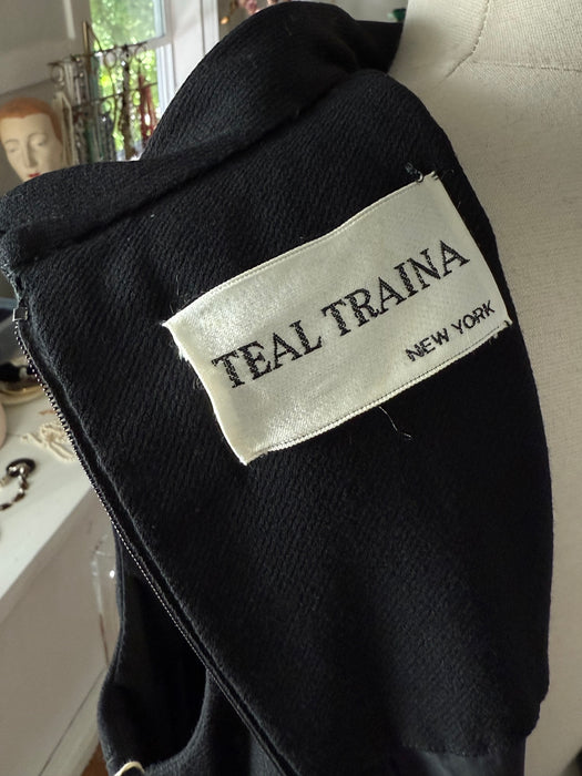 Iconic 1960's Teal Traina Black Wool Dress with Rhinestone Accents – New with Joseph Magnin Tags / ML