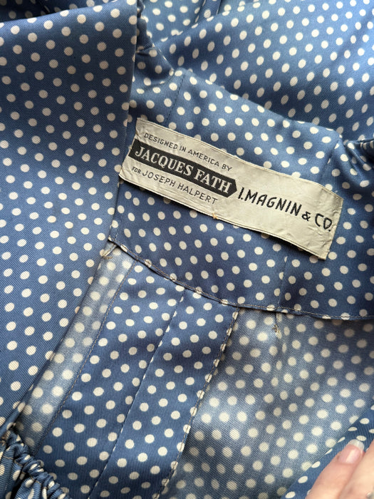 Rare Early 1950's New Look Era Blue Silk Polka Dot Dress Designed By Jacques Fath for Joseph Halpert / Small