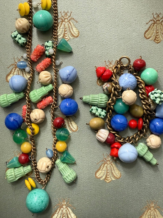 Wonderfully Whimsical Art Glass Necklace and Bracelet Set, circa late 1930s–early 1940s