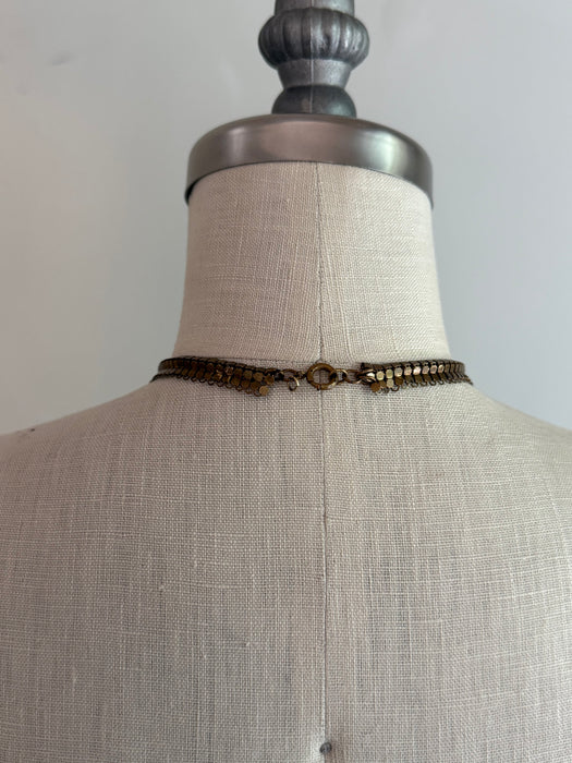 COVETED Brass Book-Chain Fringe Statement Necklace with Crystal Bead Waterfall, c. 1950s