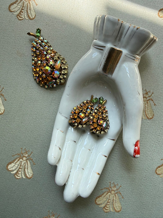 Vintage 1950’s Rhinestone Pear 🍐 Brooch & Earrings Set