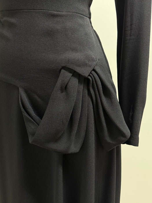 Gorgeous 1940's Black Crepe Cocktail Dress With Sculptural Hip Swag / SM