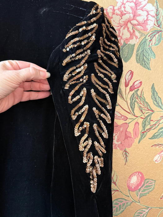Old Hollywood Glamorous 1930's Black Velvet Evening Coat With Gold Sequin Embroidery / SM