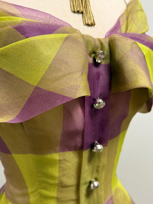 Fabulous 1950's Silk Organza Party Dress In Green & Purple Windowpane Plaid / M