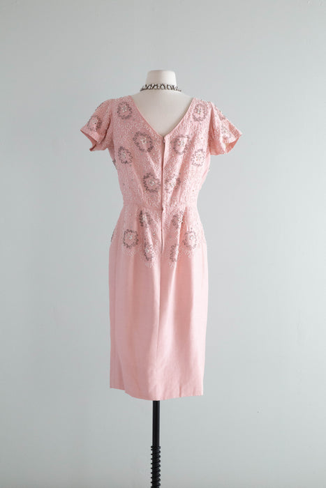 Stunning 1950’s Frank Starr Beaded Peony Pink Silk Cocktail Dress / ML