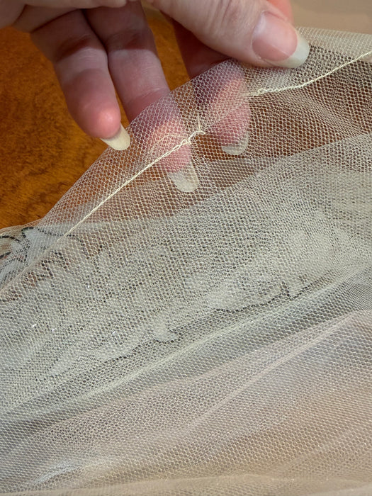 Breathtaking 1950s Strapless Party Dress with Metallic Silver Rose Lace and Pale Blue & Blush Tulle Gored Skirt / XS