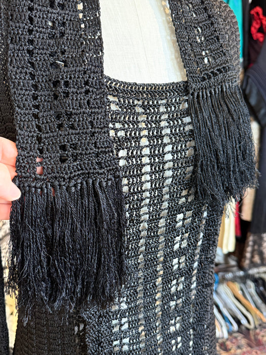 Sinuous 1920’s Black Silk Geometic Crochet Fringed Evening Dress Robe / Small