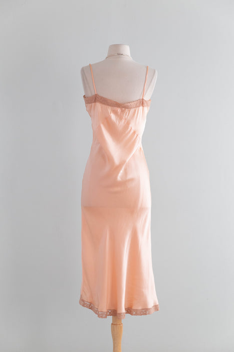 Sensuous 1930's Ballet Pink Silk Bias Cut Slip With Lace Trim / M