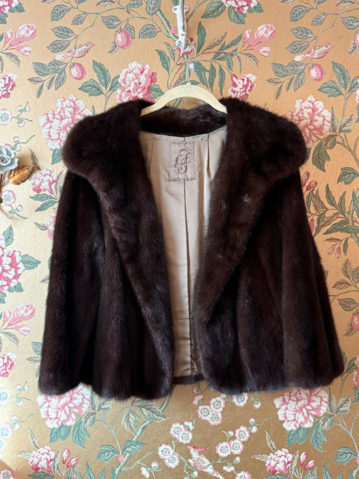 Gorgeous 1950's Dark Mahogany Mink Jacket With Embroidered Silk Lining / SM